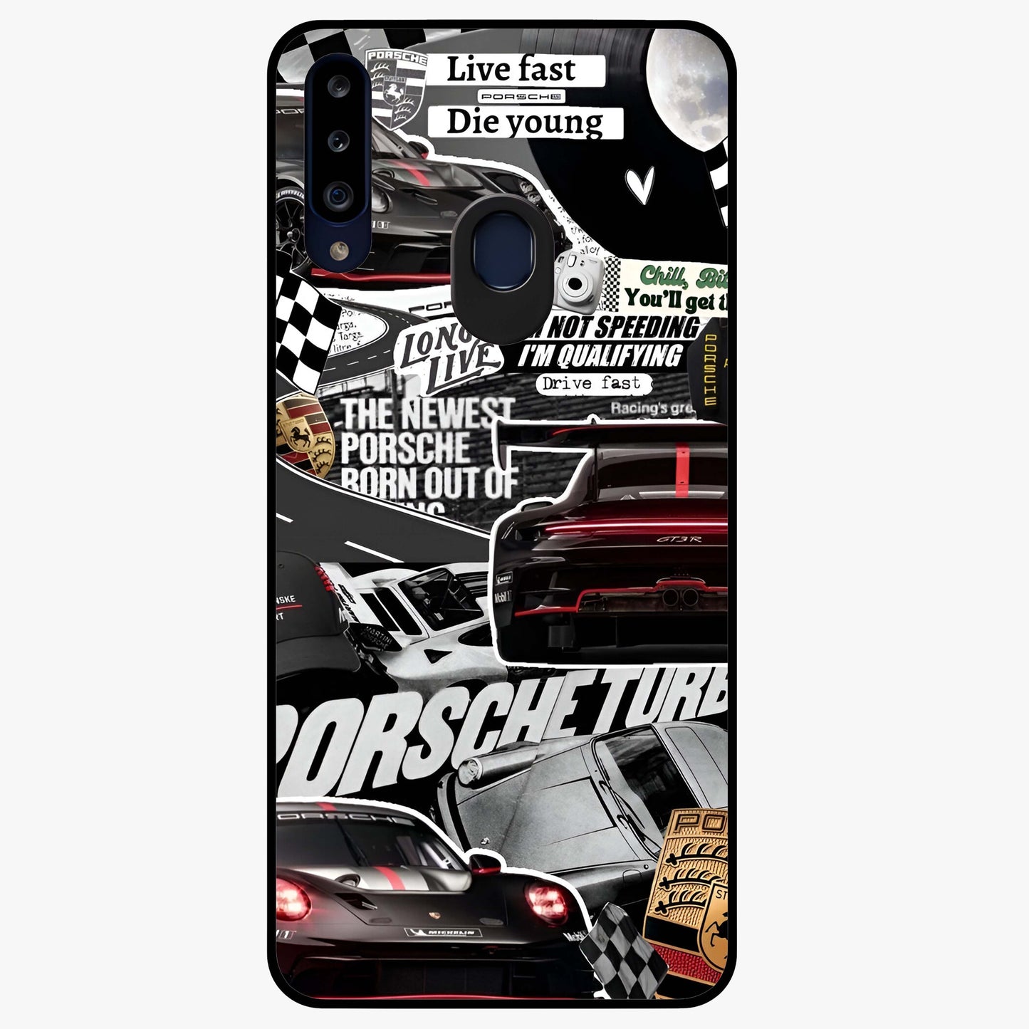 Porsche Racing Collage Glass Case showing flat back view with sports car racing collage artwork and glossy glass finish.