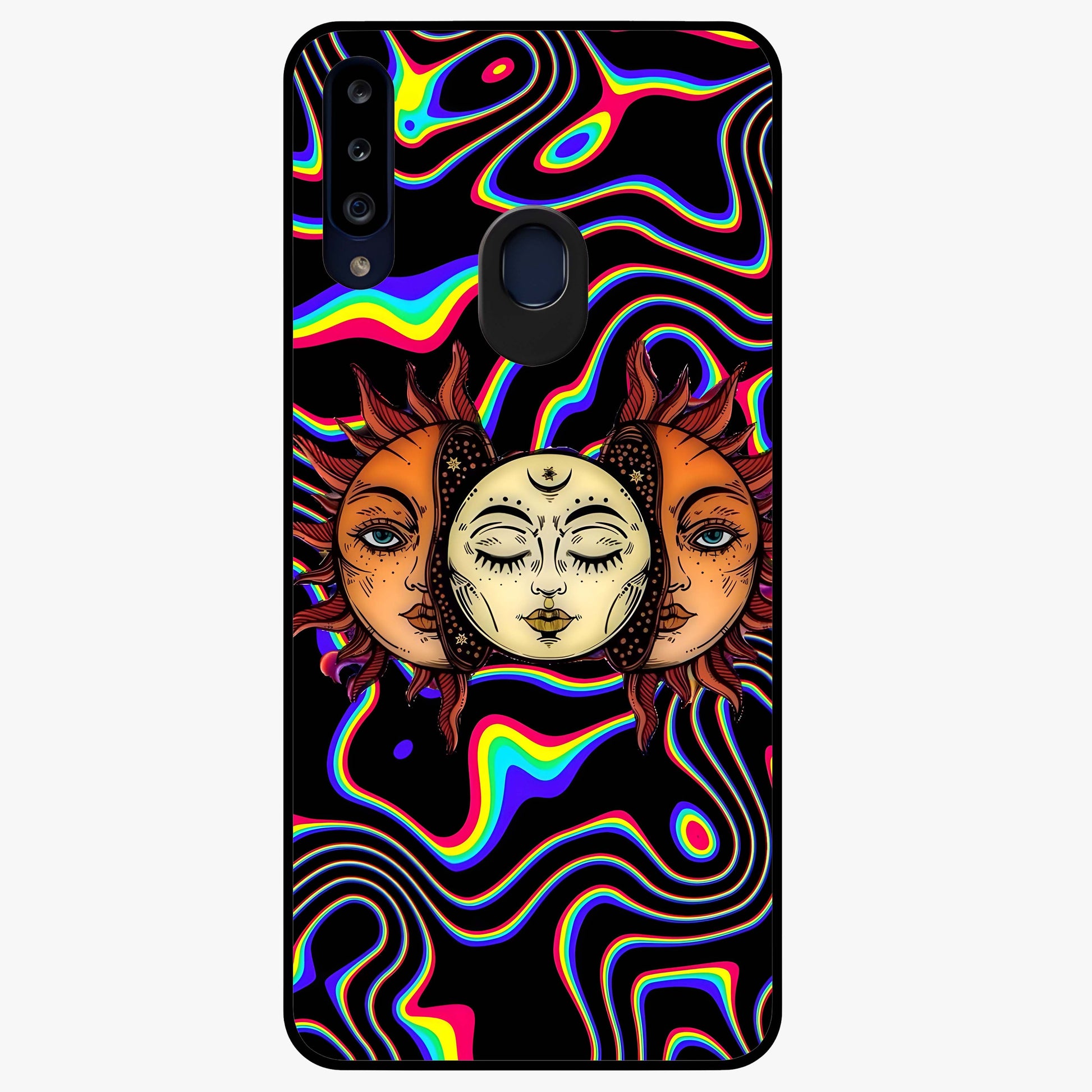 Psychedelic Sun Glass Case showing flat back view with colorful psychedelic sun artwork and glossy glass finish.