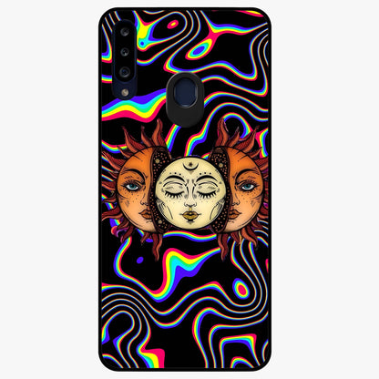Psychedelic Sun Glass Case showing flat back view with colorful psychedelic sun artwork and glossy glass finish.