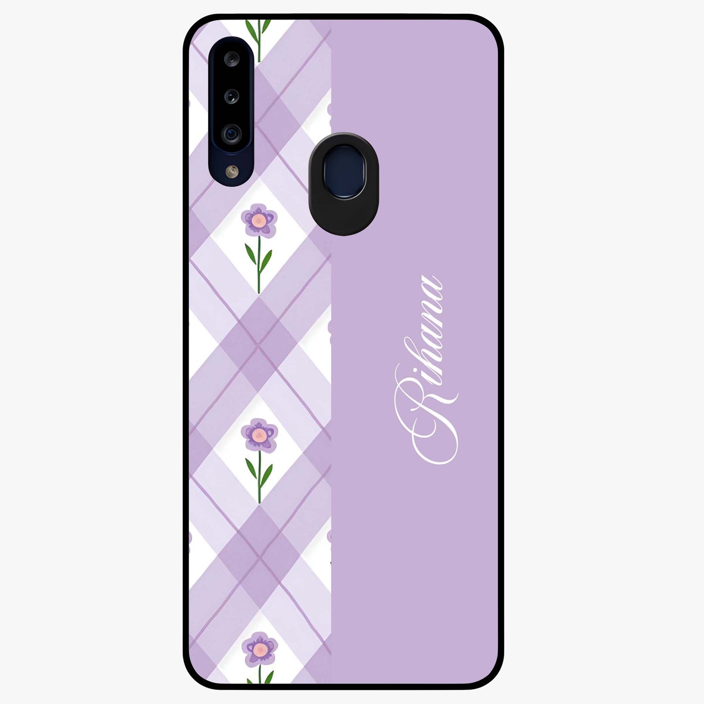 Purple Diamond Floral Glass Case showing flat back view with diamond shaped floral artwork and glossy glass finish.