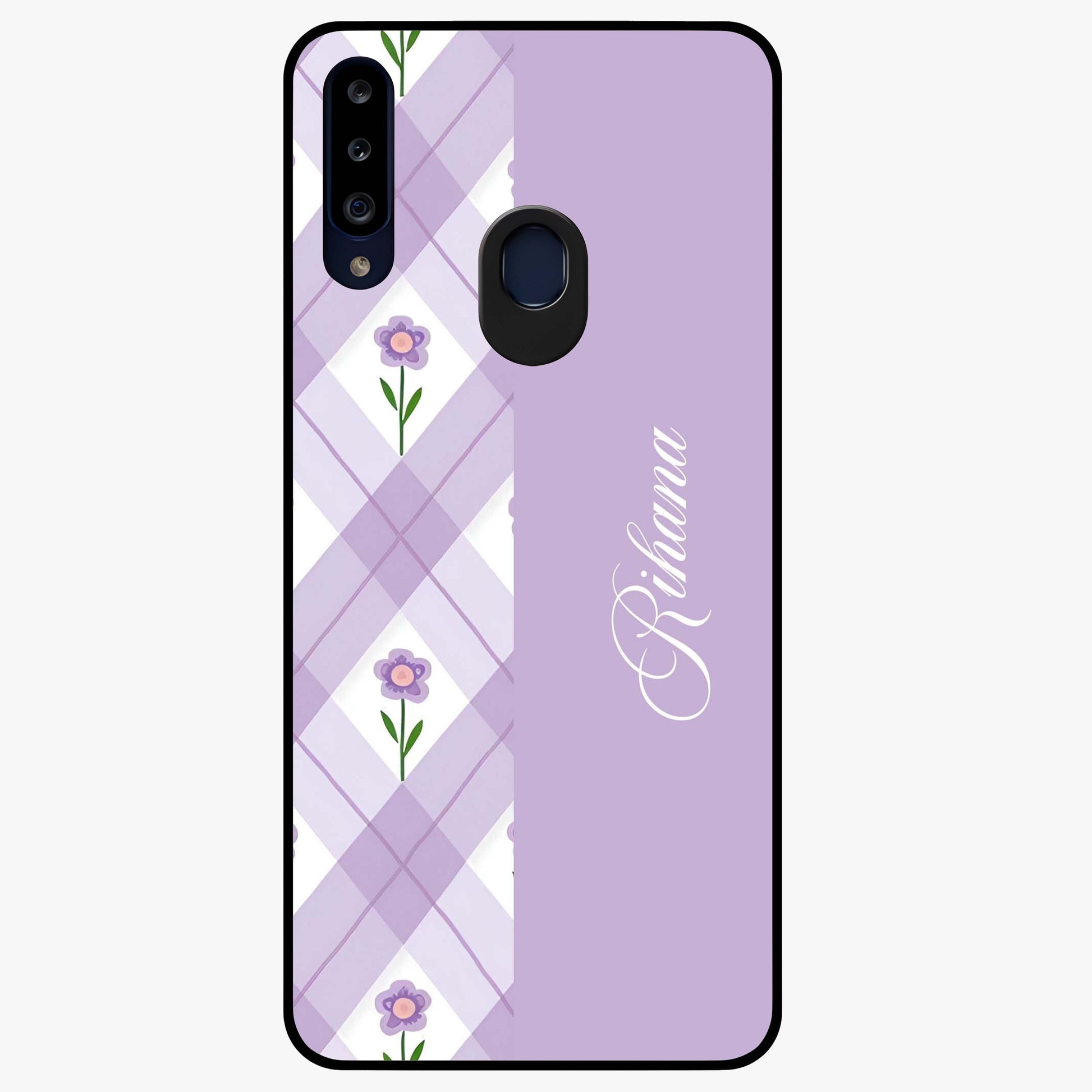Purple Diamond Floral Glass Case showing flat back view with diamond shaped floral artwork and glossy glass finish.