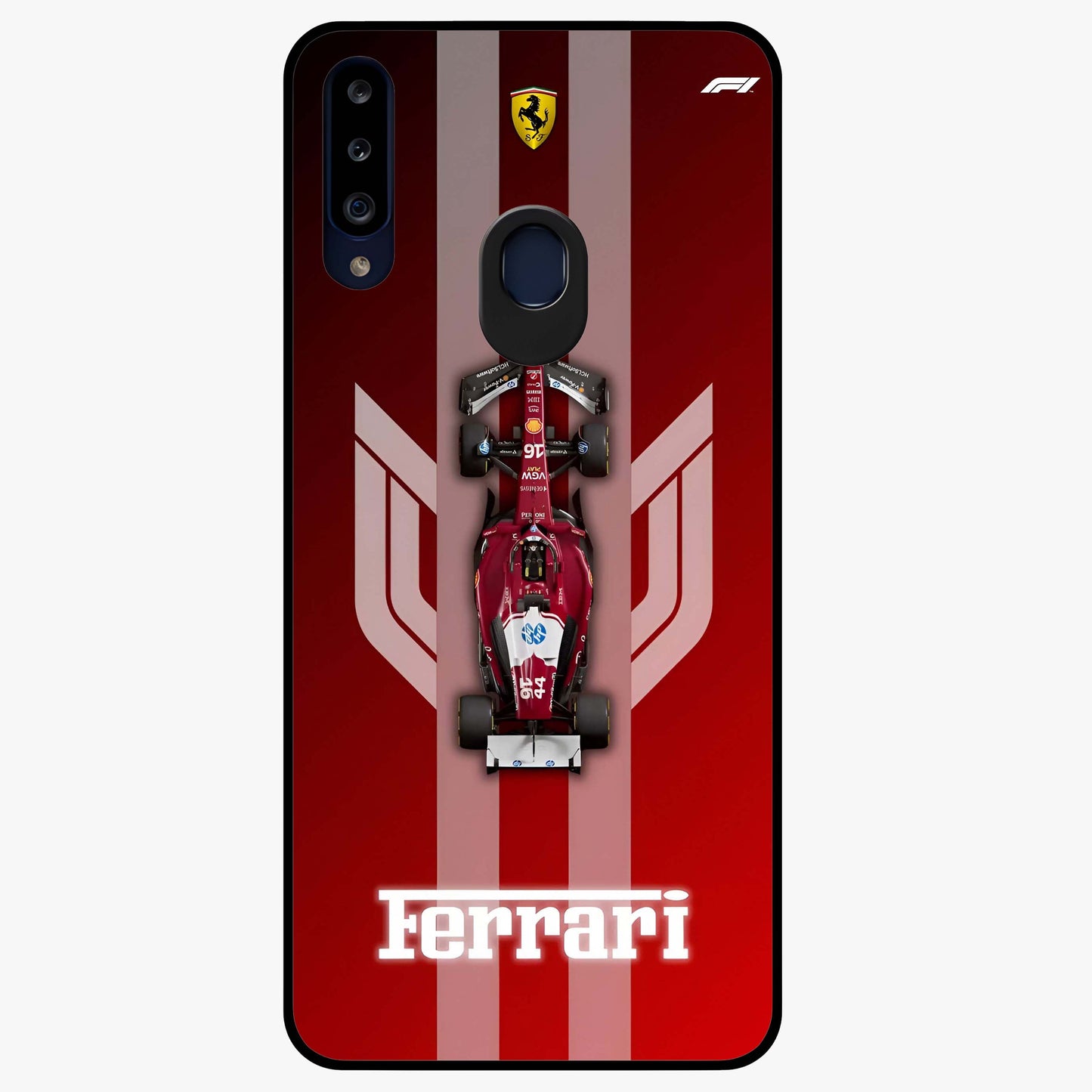 Red Ferrari F1 Vertical Glass Case showing flat back view with sleek Formula racing car artwork and glossy glass finish.