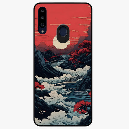 Red Sunset Scenery Glass Case showing flat back view with vibrant sunset landscape artwork and glossy glass finish.