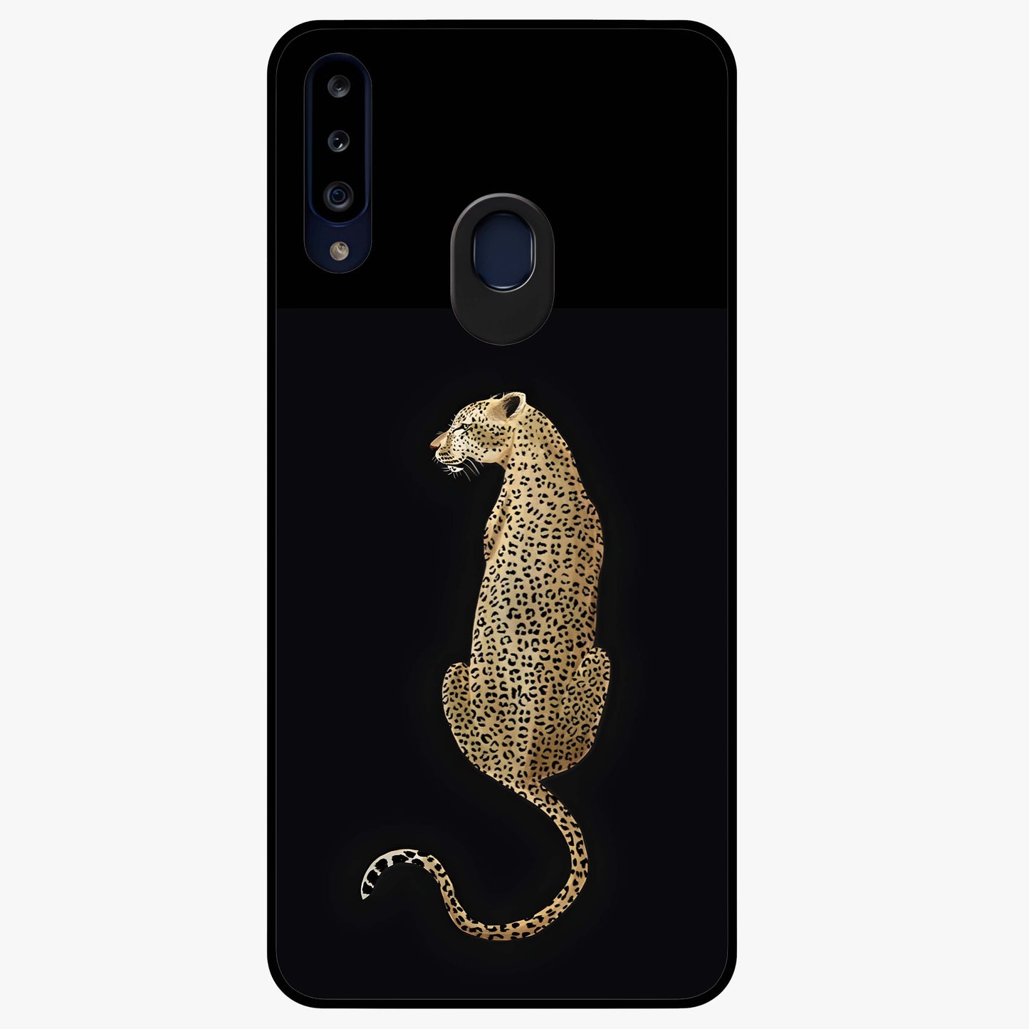 Regal Leopard Glass Case showing flat back view with bold leopard artwork and glossy glass finish.