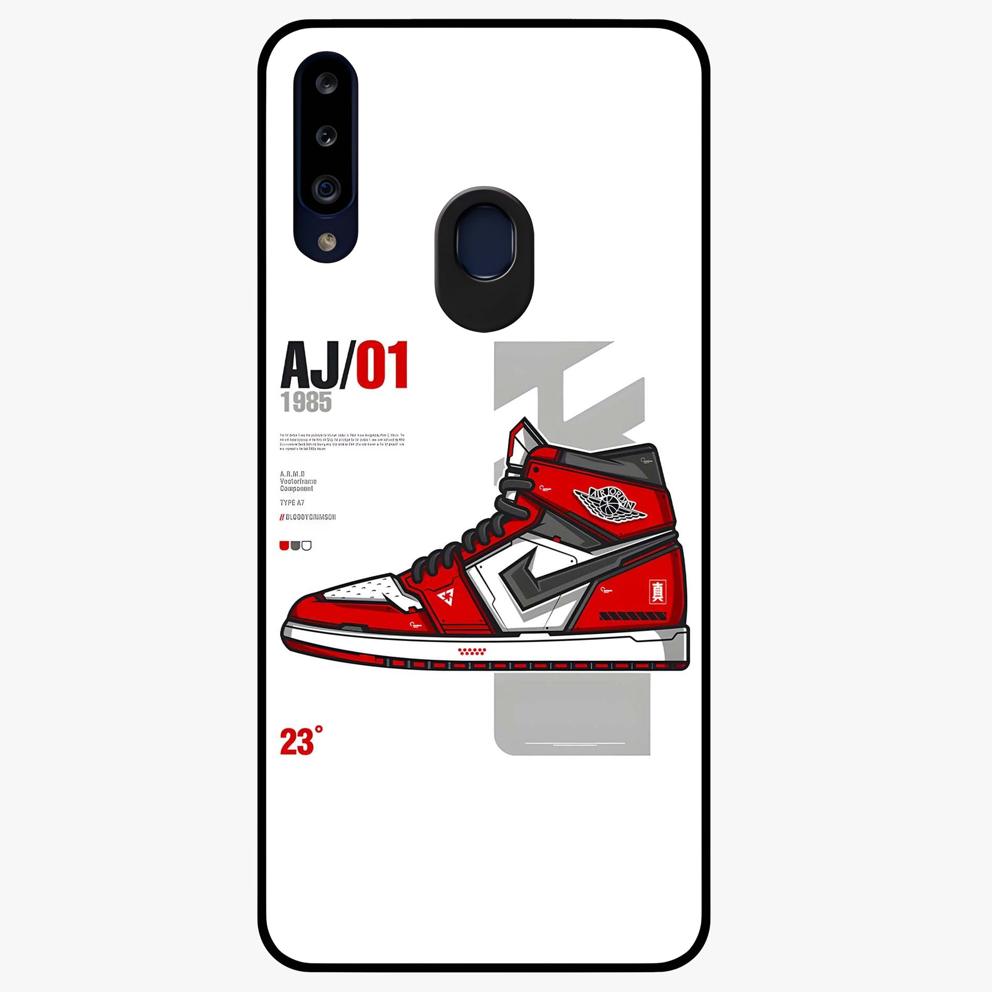 Retro Sneaker Blueprint Glass Case showing flat back view with sneaker blueprint style artwork and glossy glass finish.