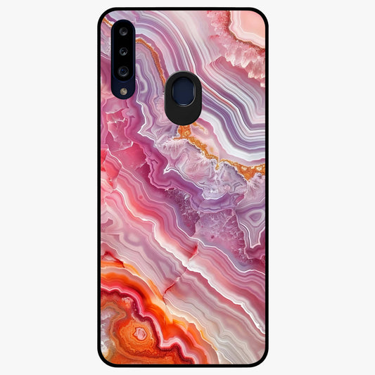 Rose Quartz Marble Glass Case showing flat back view with pink marble quartz texture artwork and glossy glass finish.