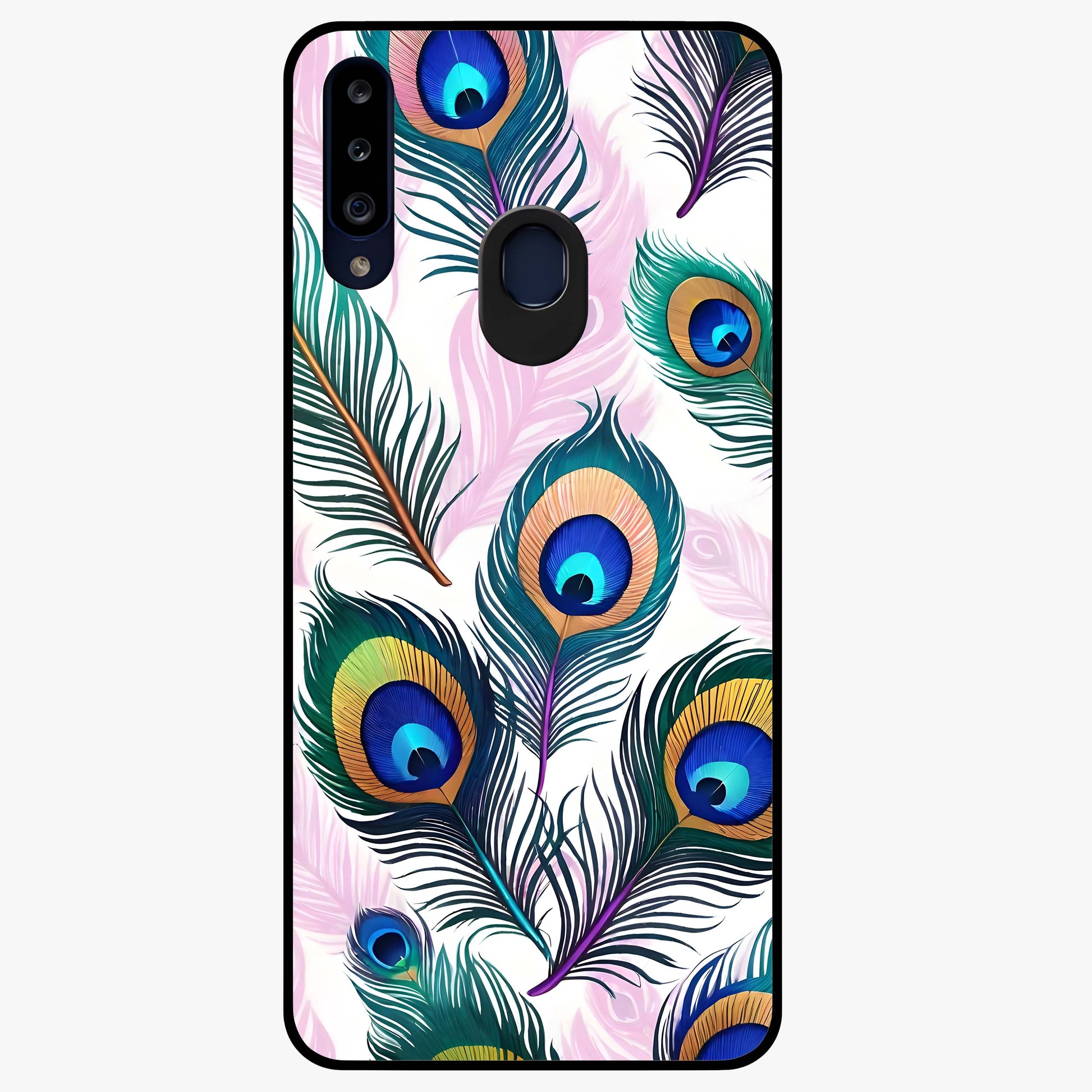 Royal Peacock Feathers Glass Case showing flat back view with colorful peacock feather artwork and glossy glass finish.