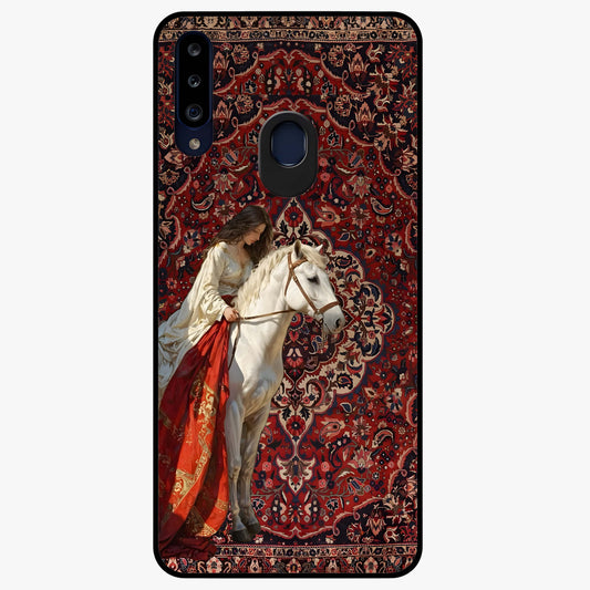 Royal Rider Tapestry Glass Case showing flat back view with majestic horse rider tapestry artwork and glossy glass finish.