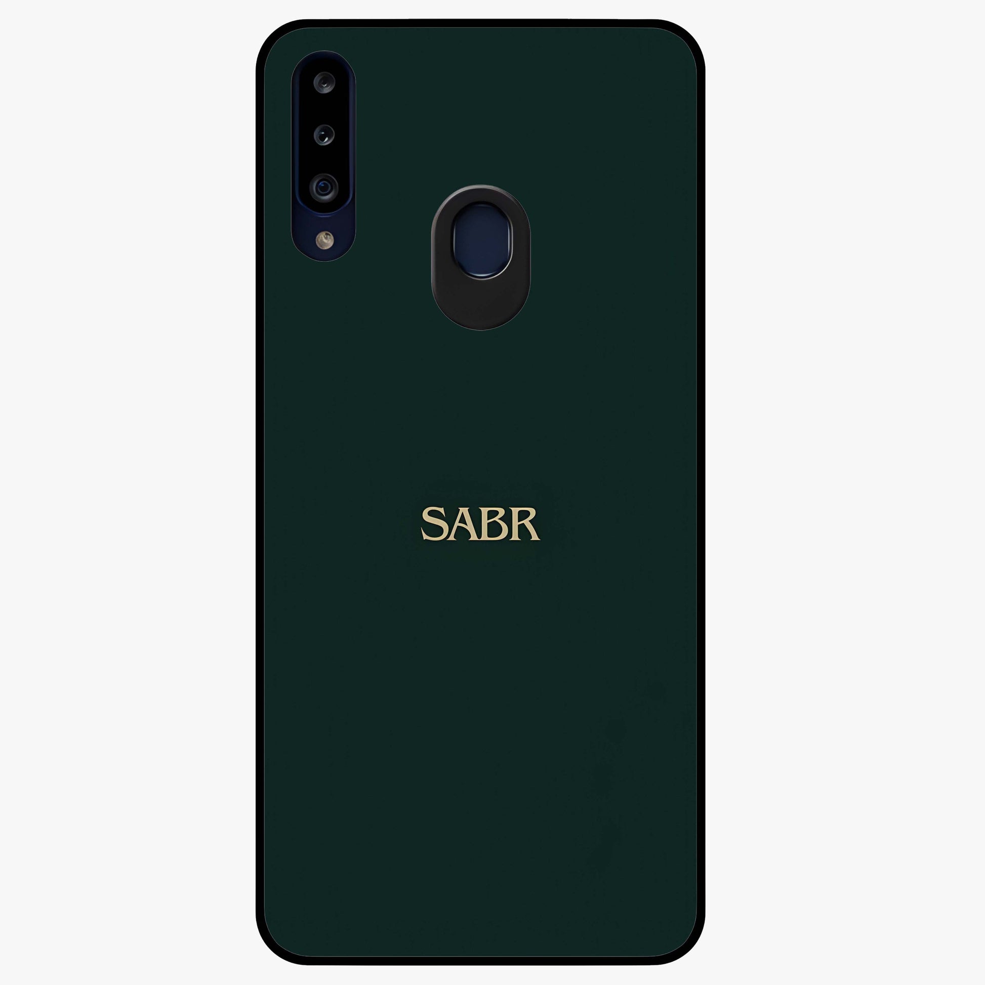 Sabr Minimal Patience Glass Case showing flat back view with minimalist typography artwork and glossy glass finish.