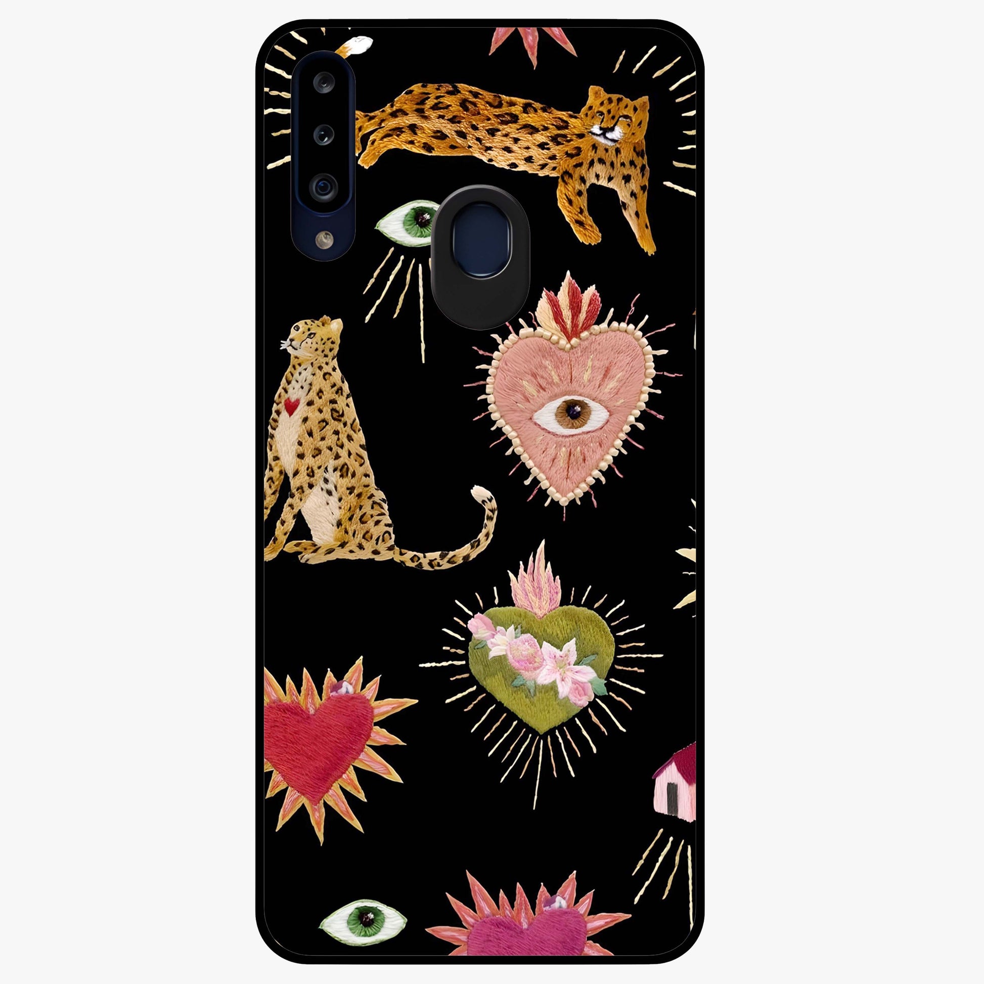 Sacred Jungle Heart Glass Case showing flat back view with jungle inspired heart artwork and glossy glass finish.