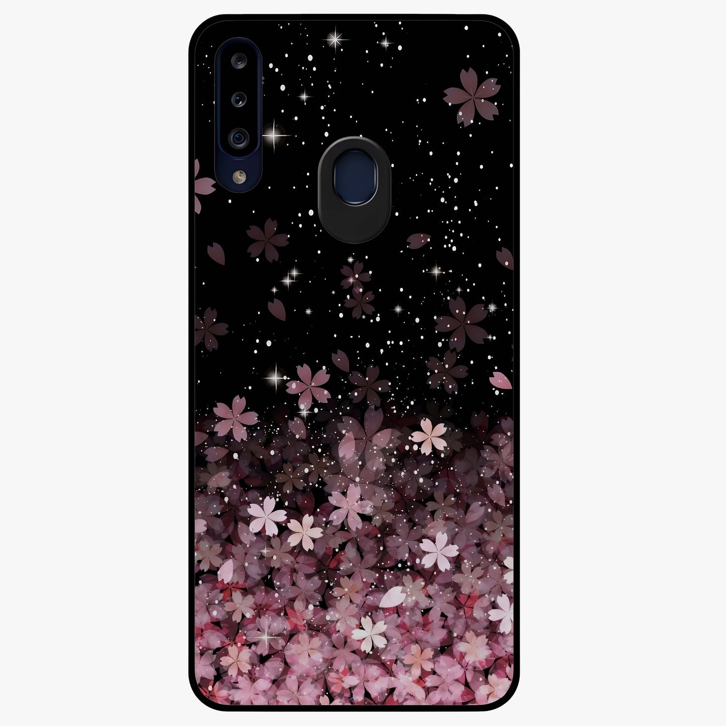 Small Starry Flowers Glass Case showing flat back view with delicate starry floral artwork and glossy glass finish.