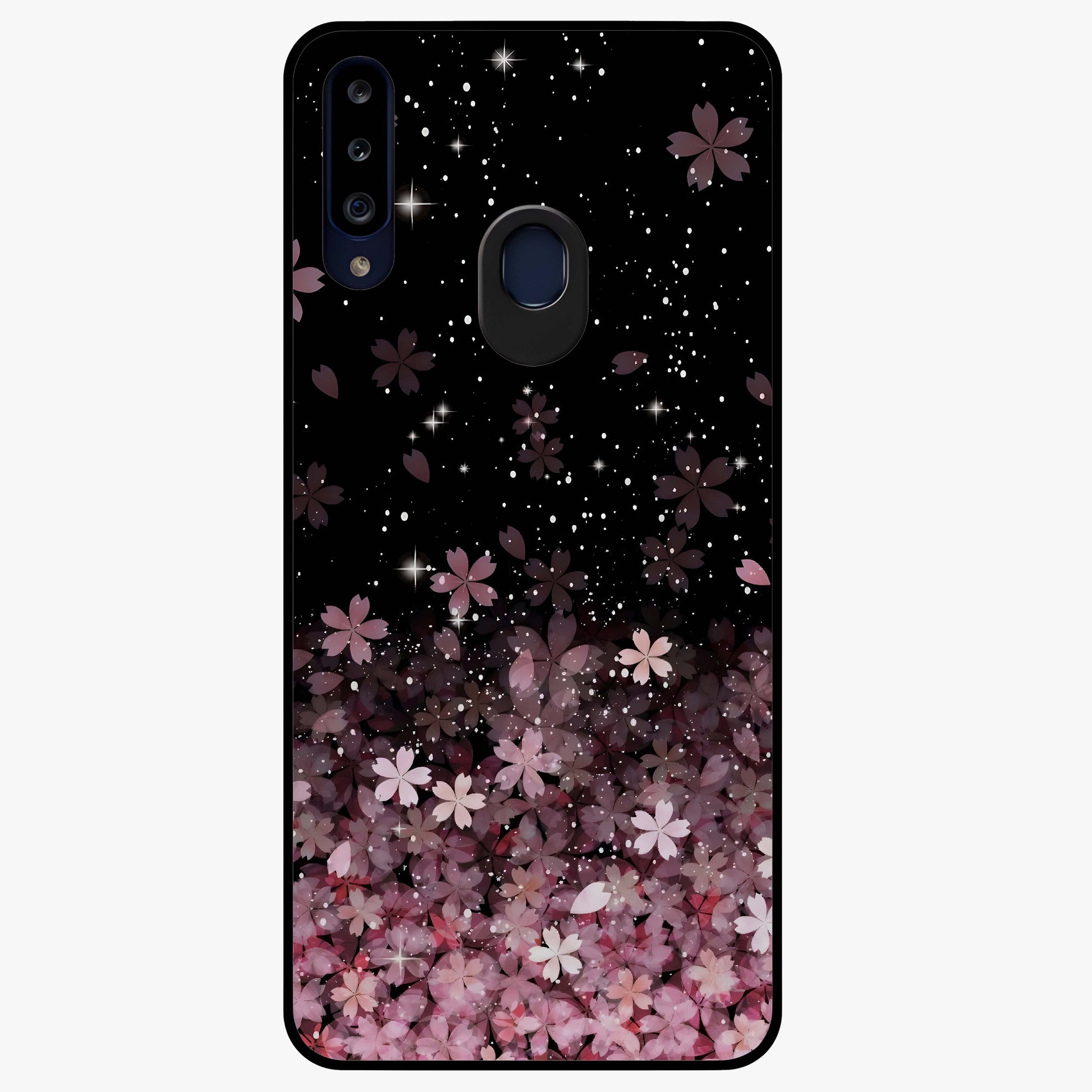Small Starry Flowers Glass Case showing flat back view with delicate starry floral artwork and glossy glass finish.