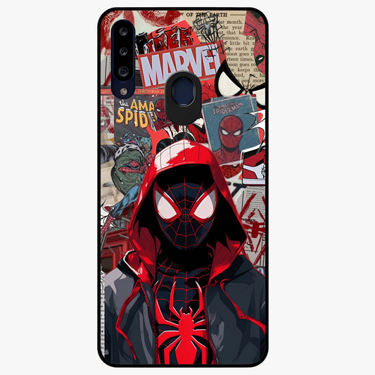 Spider Collage Street Glass Case showing flat back view with vibrant superhero collage artwork and glossy glass finish.