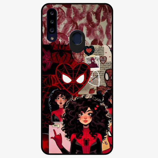 Spider Love Story Glass Case showing flat back view with romantic superhero themed artwork and glossy glass finish.