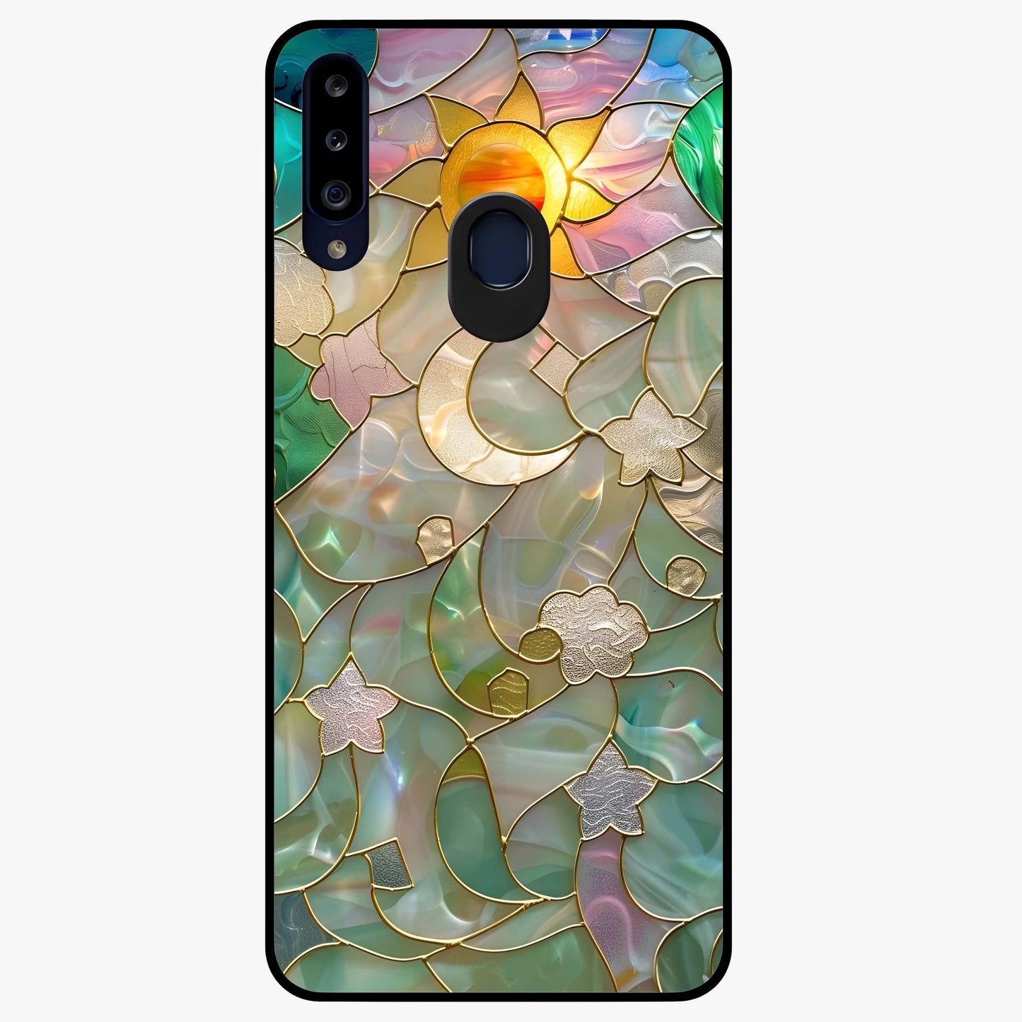 Stained Sunrise Glow Glass Case showing flat back view with glowing sunrise stained pattern artwork and glossy glass finish.