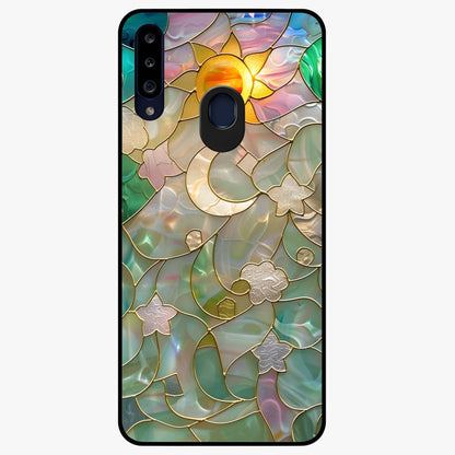 Stained Sunrise Glow Glass Case showing flat back view with glowing sunrise stained pattern artwork and glossy glass finish.