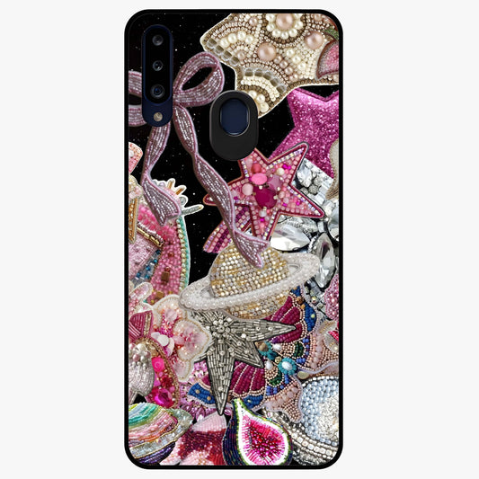 Starlit Jewel Dream Glass Case showing flat back view with sparkling jewel and star themed artwork and glossy glass finish.