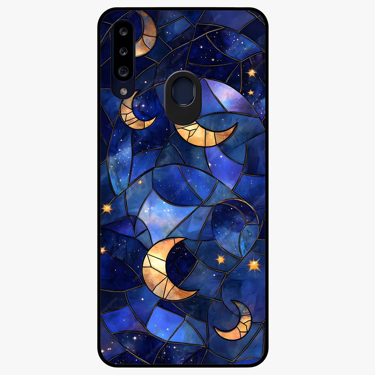 Starlit Sky Tapestry Glass Case showing flat back view with decorative starry sky tapestry artwork and glossy glass finish.