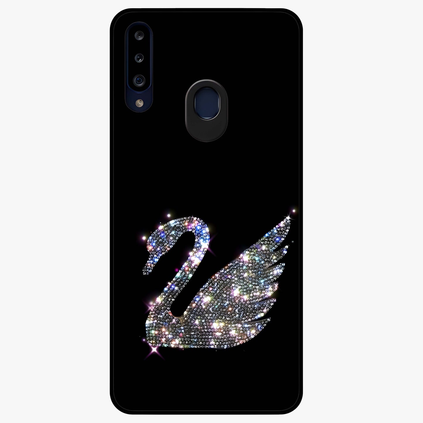 Starlit Swan Grace Glass Case showing flat back view with graceful swan artwork under starry sky and glossy glass finish.