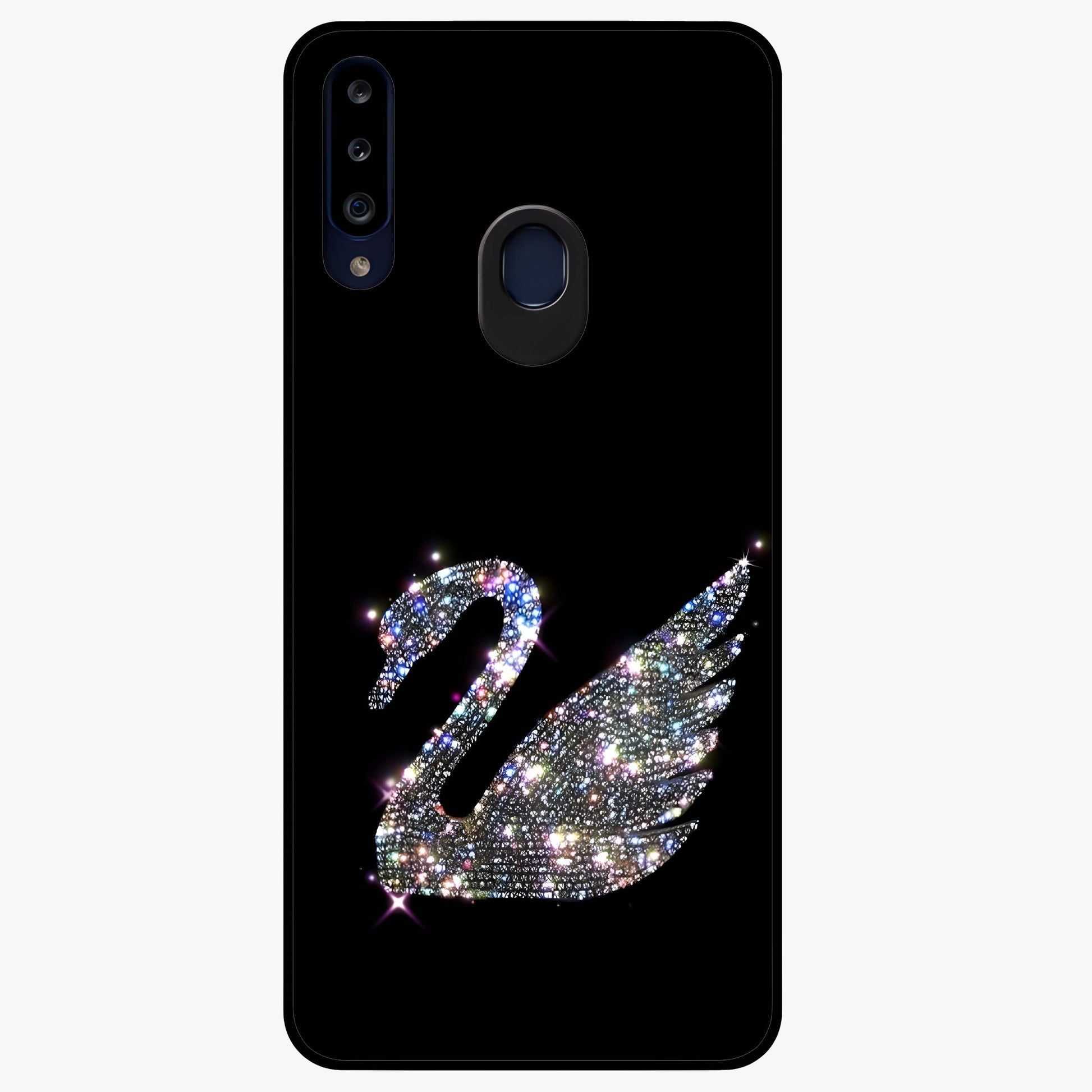 Starlit Swan Grace Glass Case showing flat back view with graceful swan artwork under starry sky and glossy glass finish.