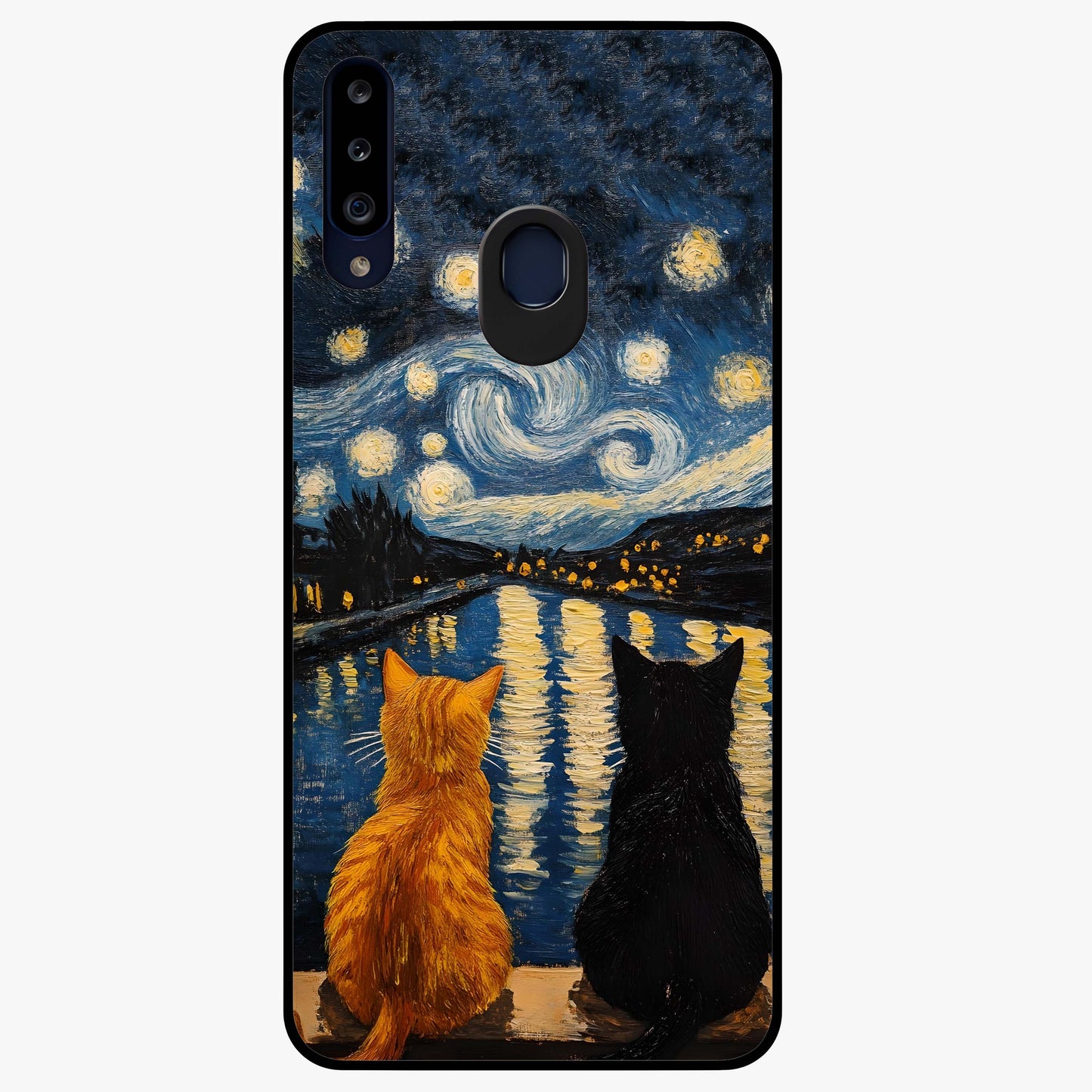Starry River Cats Glass Case showing flat back view with cats by a starry river artwork and glossy glass finish.