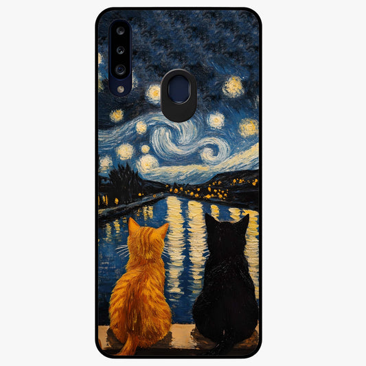 Starry River Cats Glass Case showing flat back view with cats by a starry river artwork and glossy glass finish.