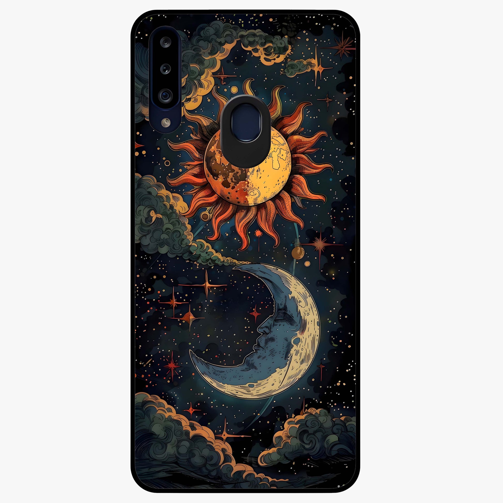 Sun And Moon Magic Design Glass Case showing flat back view with mystical sun and moon artwork and glossy glass finish.