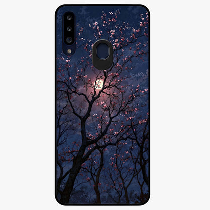 Twilight Sakura Serenade Glass Case showing flat back view with cherry blossom artwork at twilight and glossy glass finish.