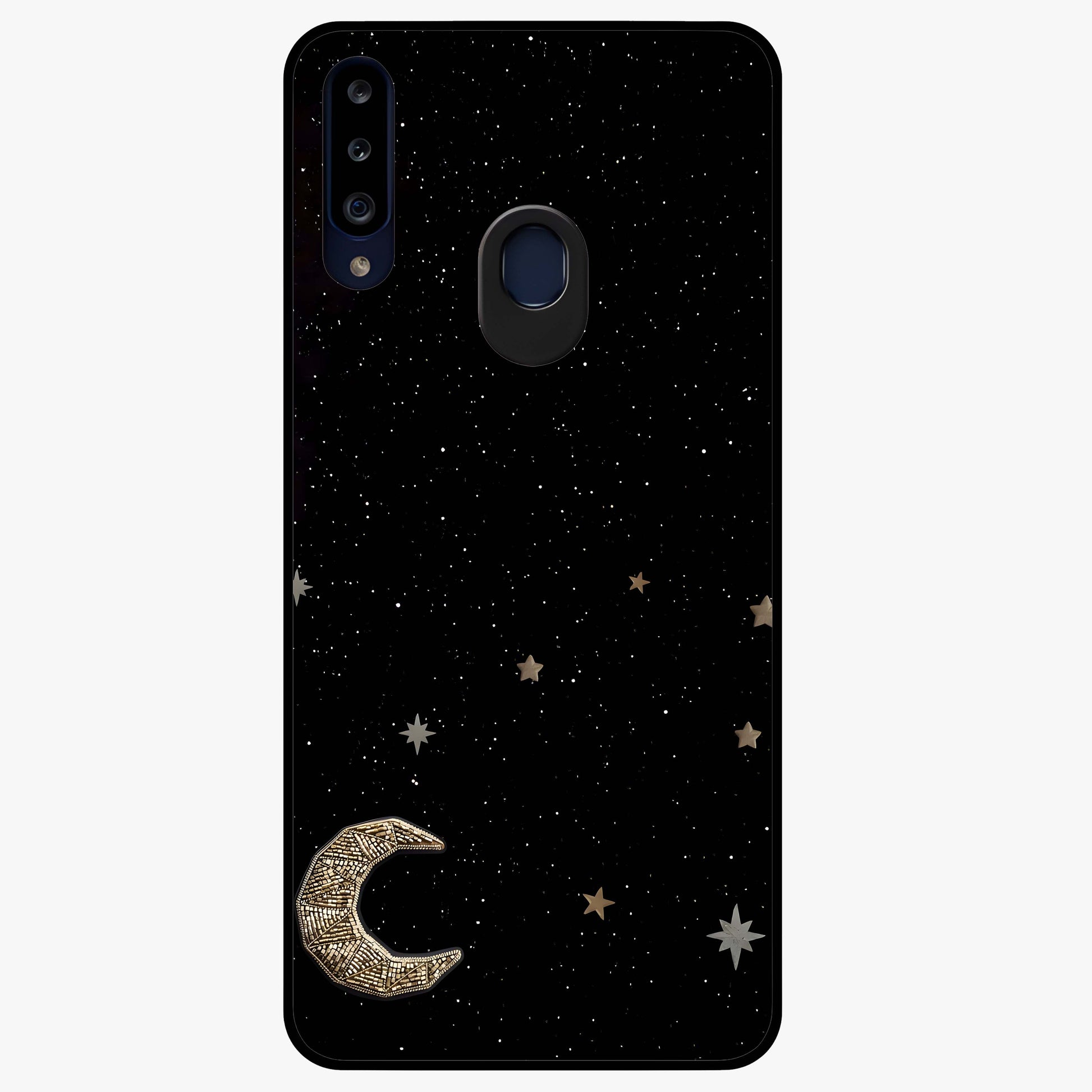 Twinkle Star With Half Moon Glass Case showing flat back view with star and half moon artwork and glossy glass finish.