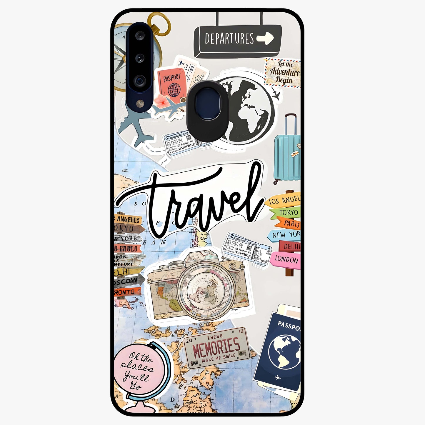 Wanderlust Journal Glass Case showing flat back view with travel inspired artwork and glossy glass finish.