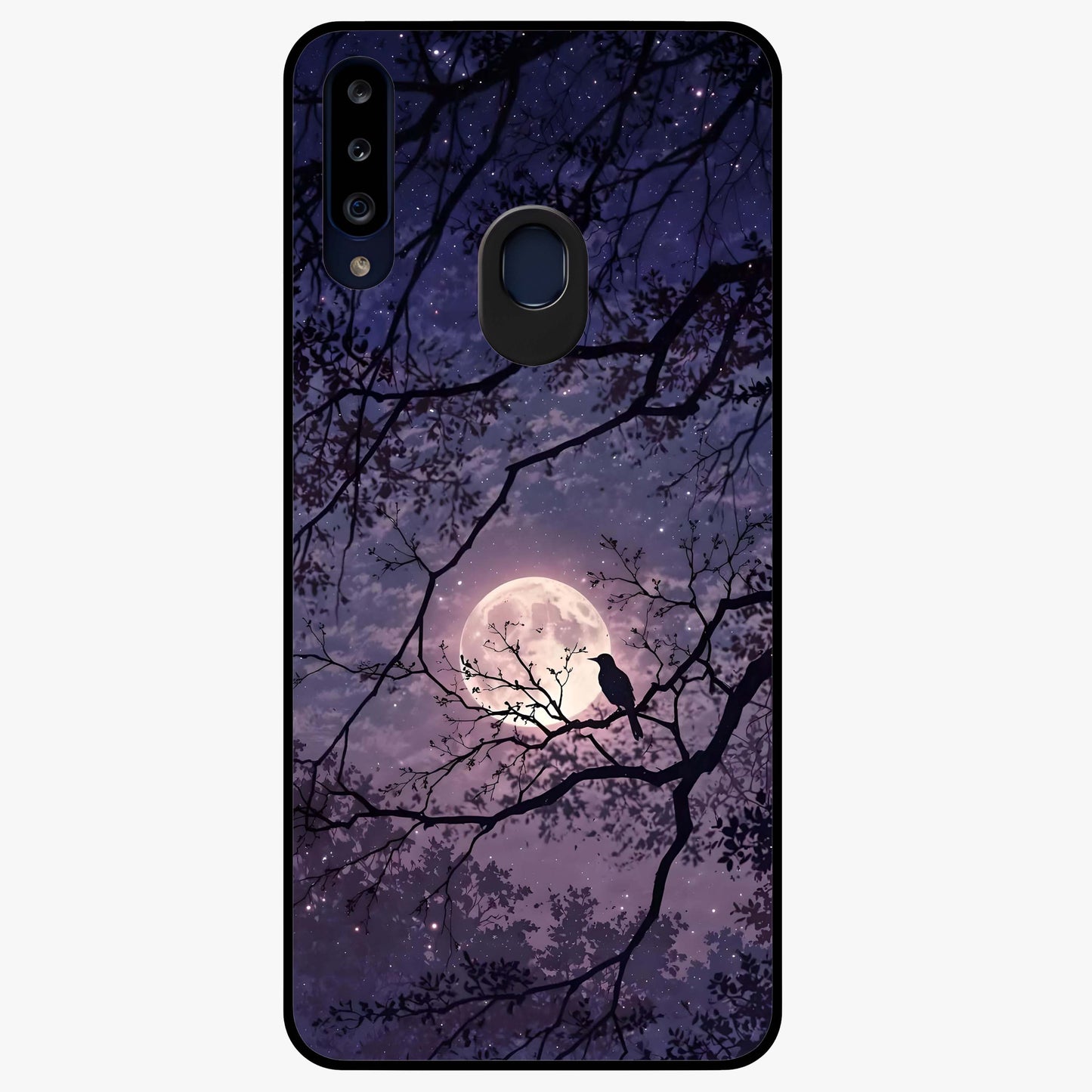 Whispering Moon Silence Glass Case showing flat back view with serene moon themed artwork and glossy glass finish.