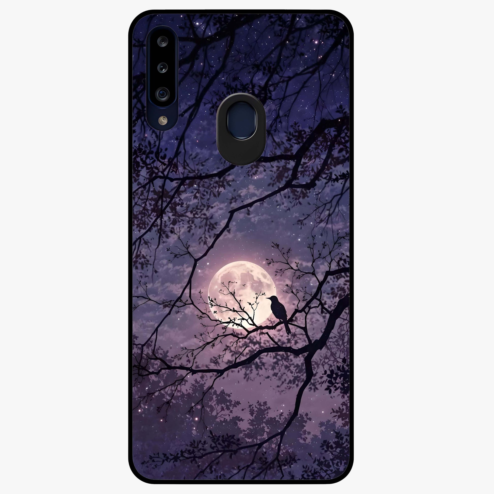 Whispering Moon Silence Glass Case showing flat back view with serene moon themed artwork and glossy glass finish.