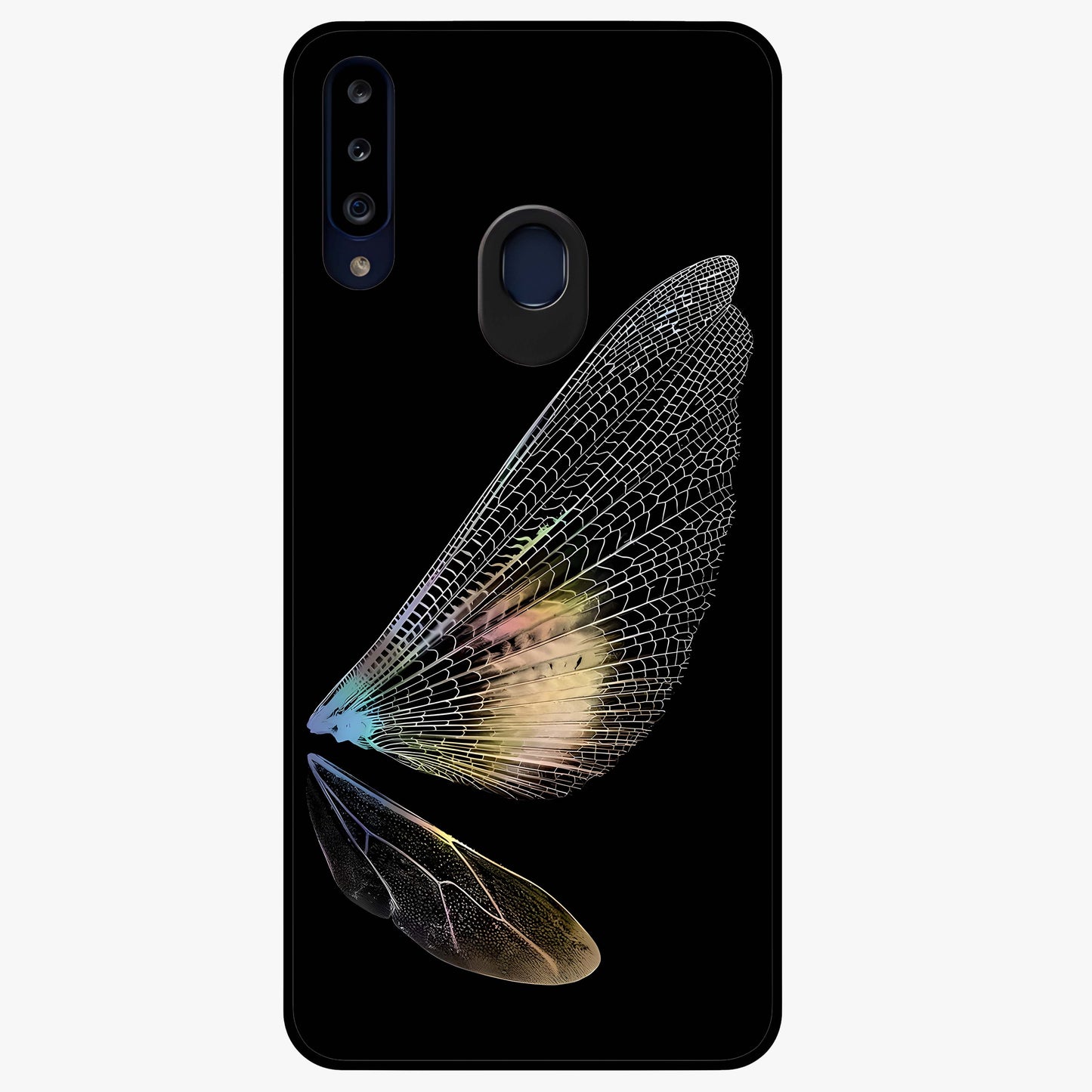 Whispers Of Wings Glass Case showing flat back view with graceful wing inspired artwork and glossy glass finish.