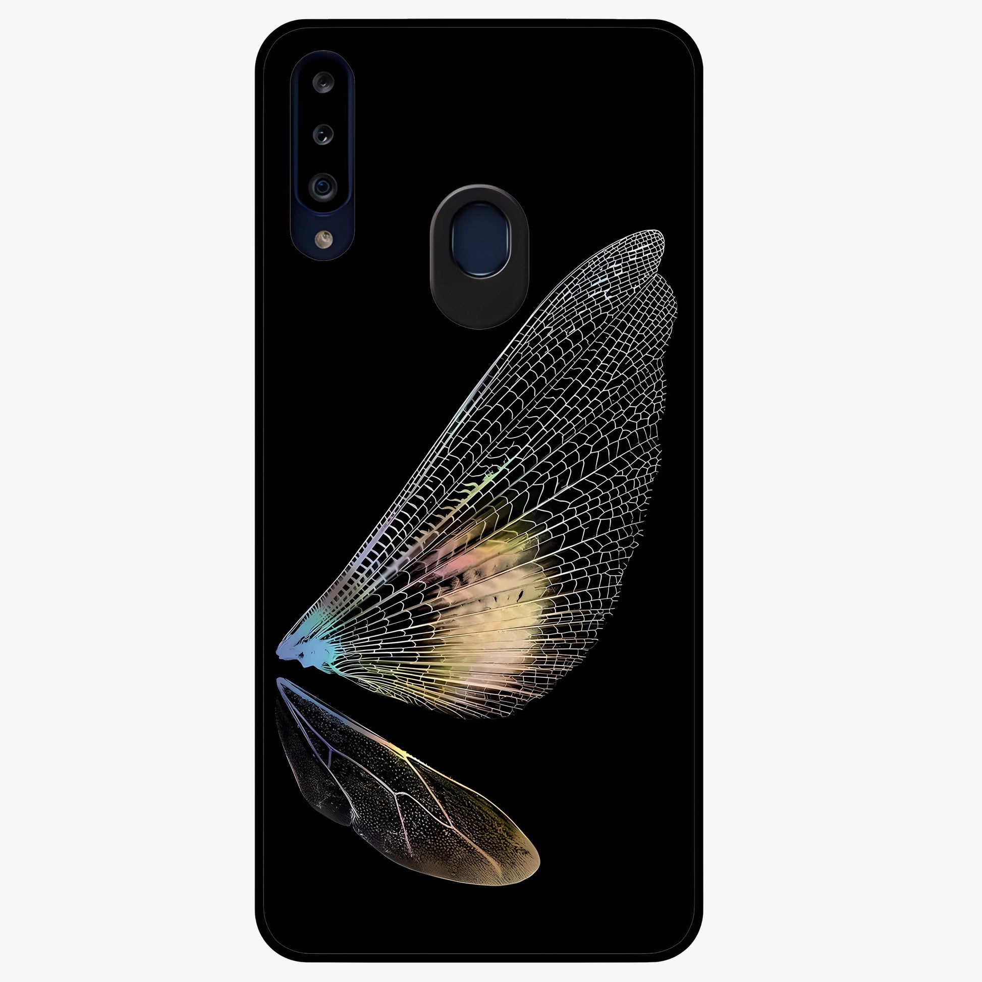 Whispers Of Wings Glass Case showing flat back view with graceful wing inspired artwork and glossy glass finish.