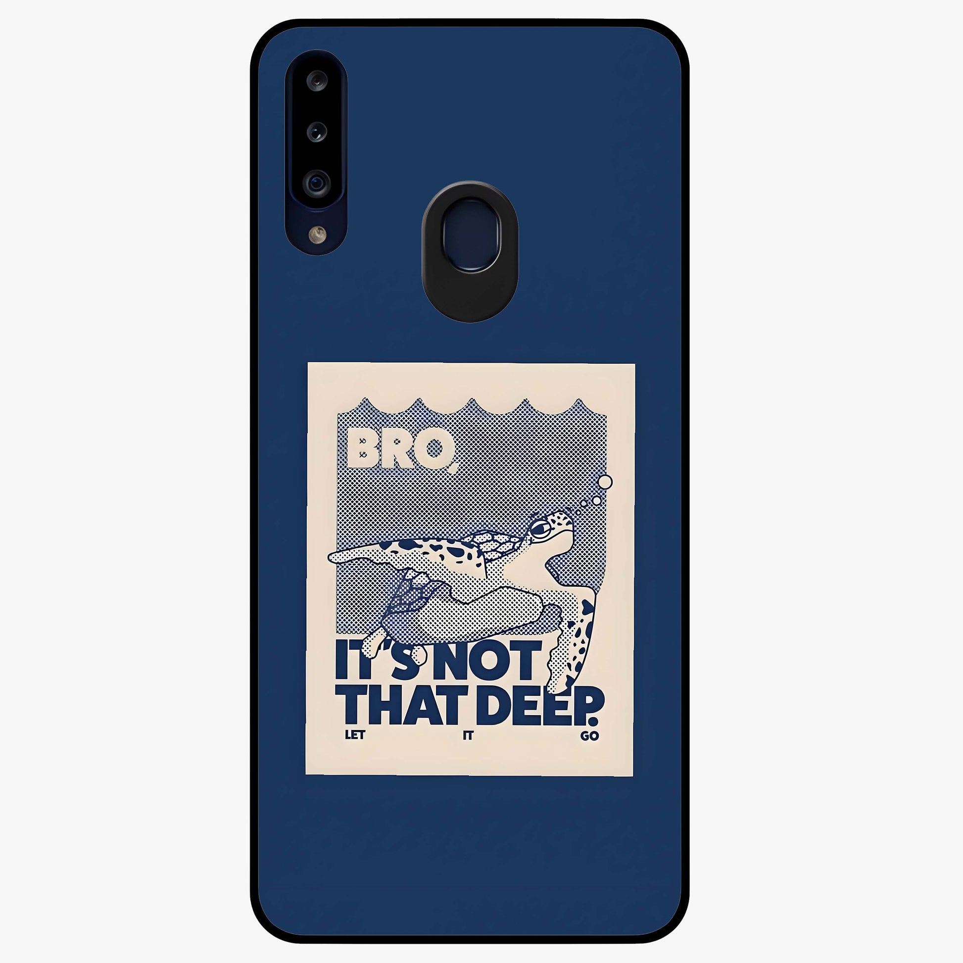 Worry Less Swim Glass Case showing flat back view with playful motivational artwork and glossy glass finish.