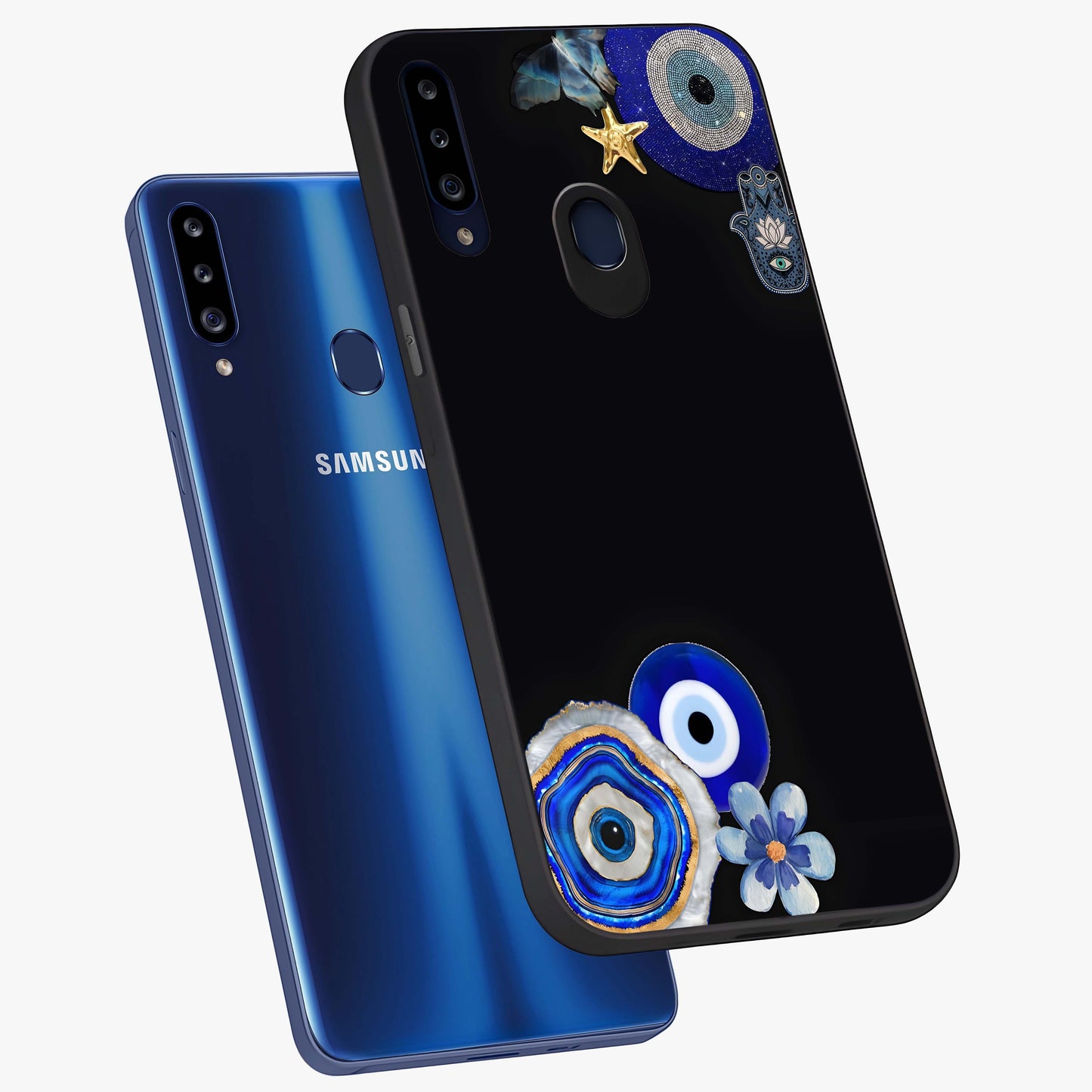 Aesthetic Blue Evil Eye Glass Case displayed in angled mockup highlighting blue evil eye symbol and spiritual aesthetic design.
