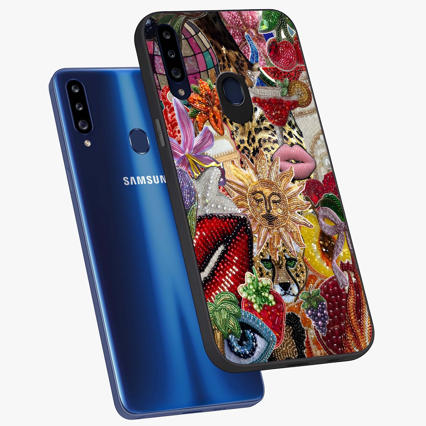 Beaded Fashion Jungle Glass Case displayed in angled mockup highlighting colorful fashion bead design and artistic pattern.