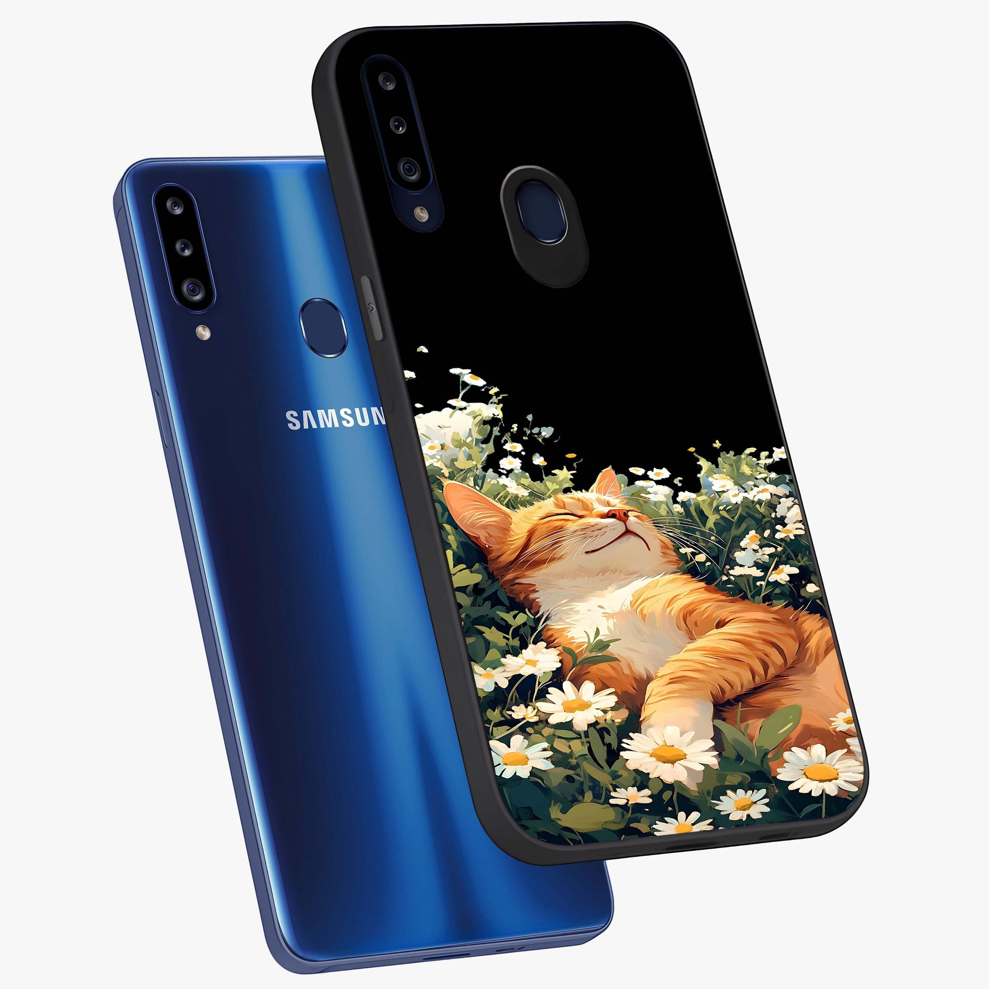 Blissful Bloom Cat Glass Case displayed in angled mockup highlighting playful feline illustration with soft floral aesthetic.