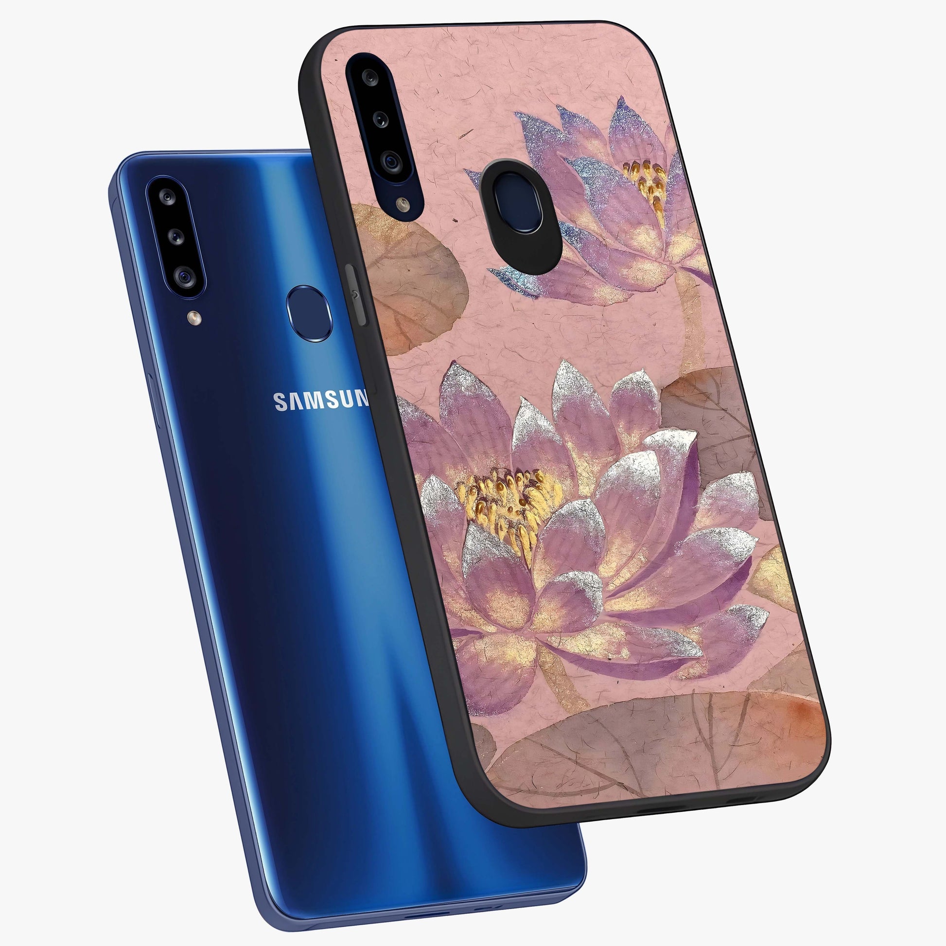Blossom Mist Lotus Glass Case displayed in angled mockup highlighting delicate lotus illustration with calm aesthetic theme.