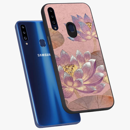Blossom Mist Lotus Glass Case displayed in angled mockup highlighting delicate lotus illustration with calm aesthetic theme.