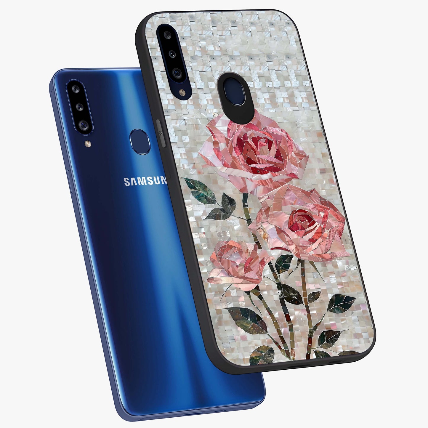Blush Mosaic Bloom Glass Case displayed in angled mockup highlighting artistic mosaic flower pattern with aesthetic design.