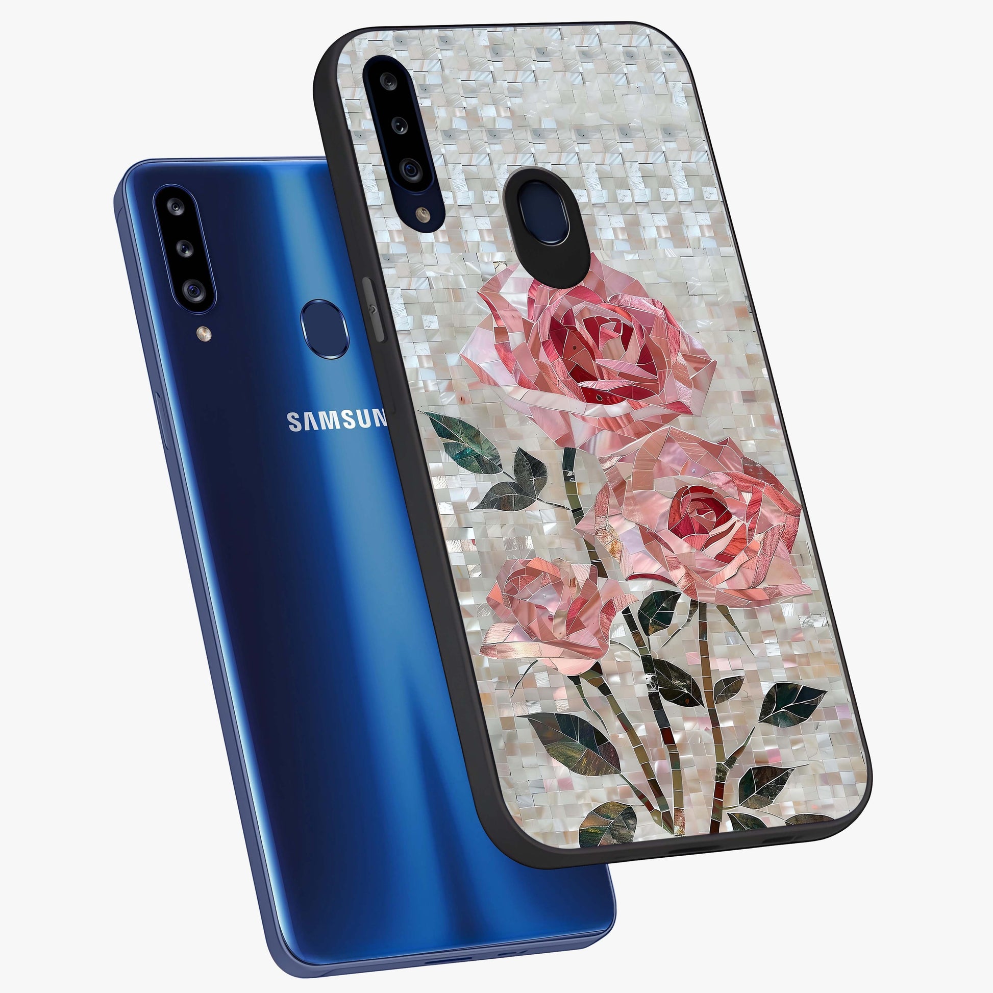 Blush Mosaic Bloom Glass Case displayed in angled mockup highlighting artistic mosaic flower pattern with aesthetic design.
