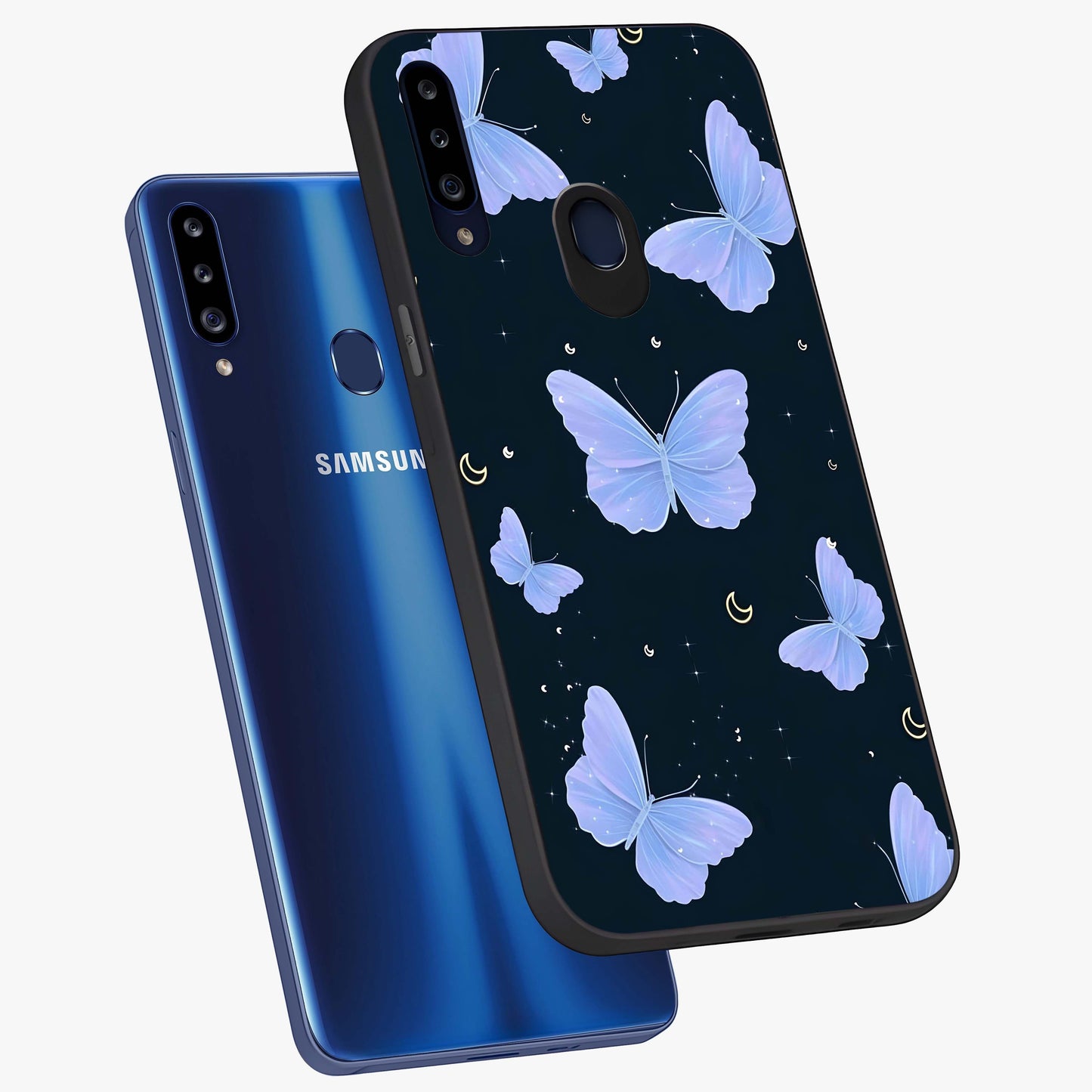 Butterfly With Stars Pattern Glass Case displayed in angled mockup highlighting dreamy butterfly and star design with aesthetic theme.