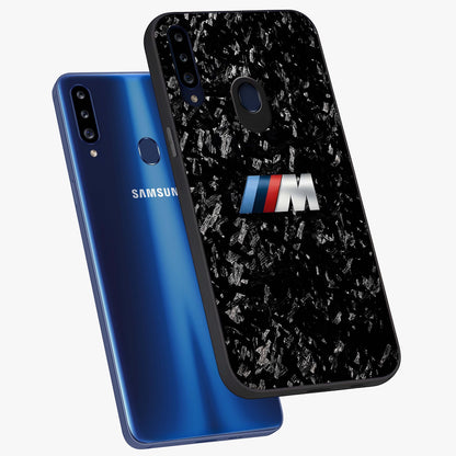 Carbon Speed Mark Glass Case displayed in angled mockup highlighting racing inspired carbon design and sleek aesthetic style.