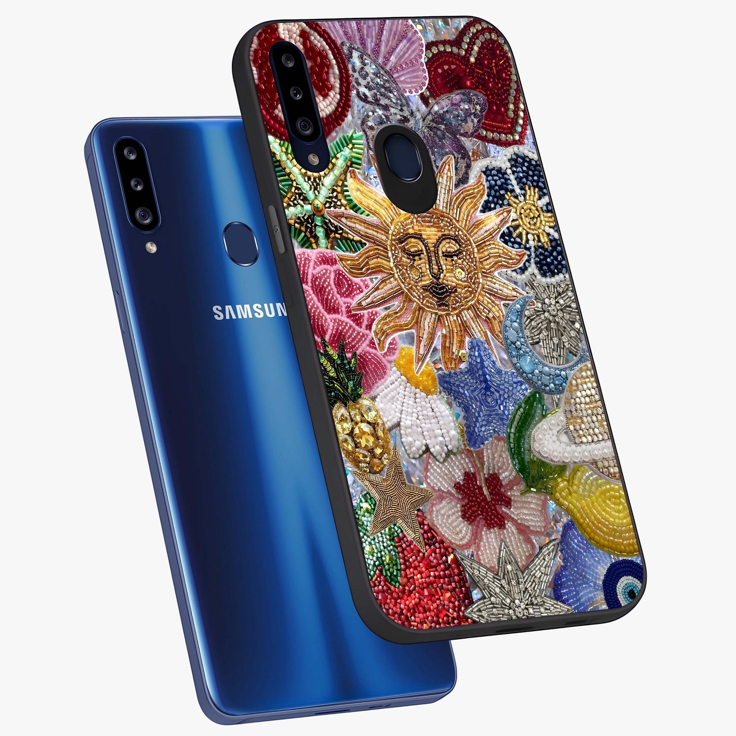 Celestial Floral and Playful Glass Case displayed in angled mockup highlighting playful floral design with dreamy celestial elements.