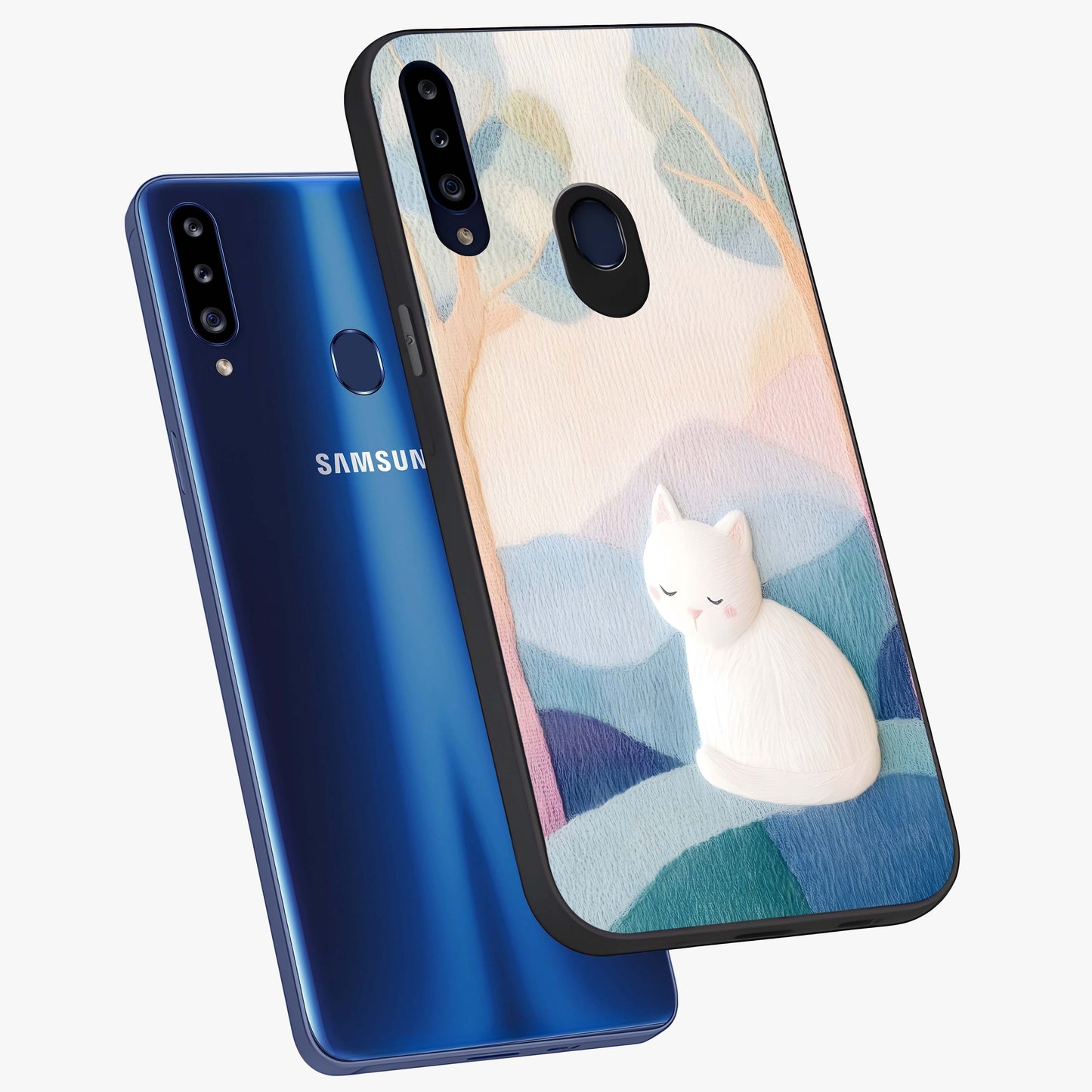 Cotton Dream Cat Glass Case displayed in angled mockup highlighting cute feline illustration with pastel aesthetic style.
