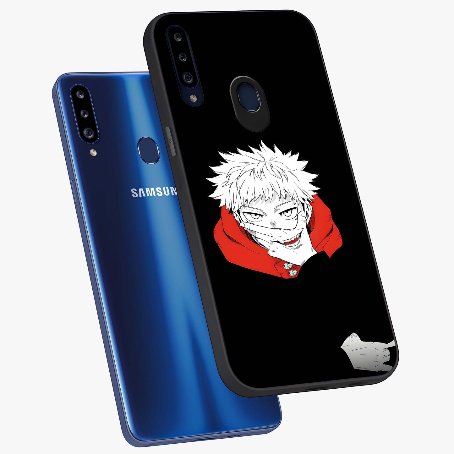 Crimson Chaos Smile Glass Case displayed in angled mockup highlighting edgy crimson smile design with graphic aesthetic.