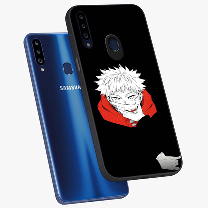 Crimson Chaos Smile Glass Case displayed in angled mockup highlighting edgy crimson smile design with graphic aesthetic.