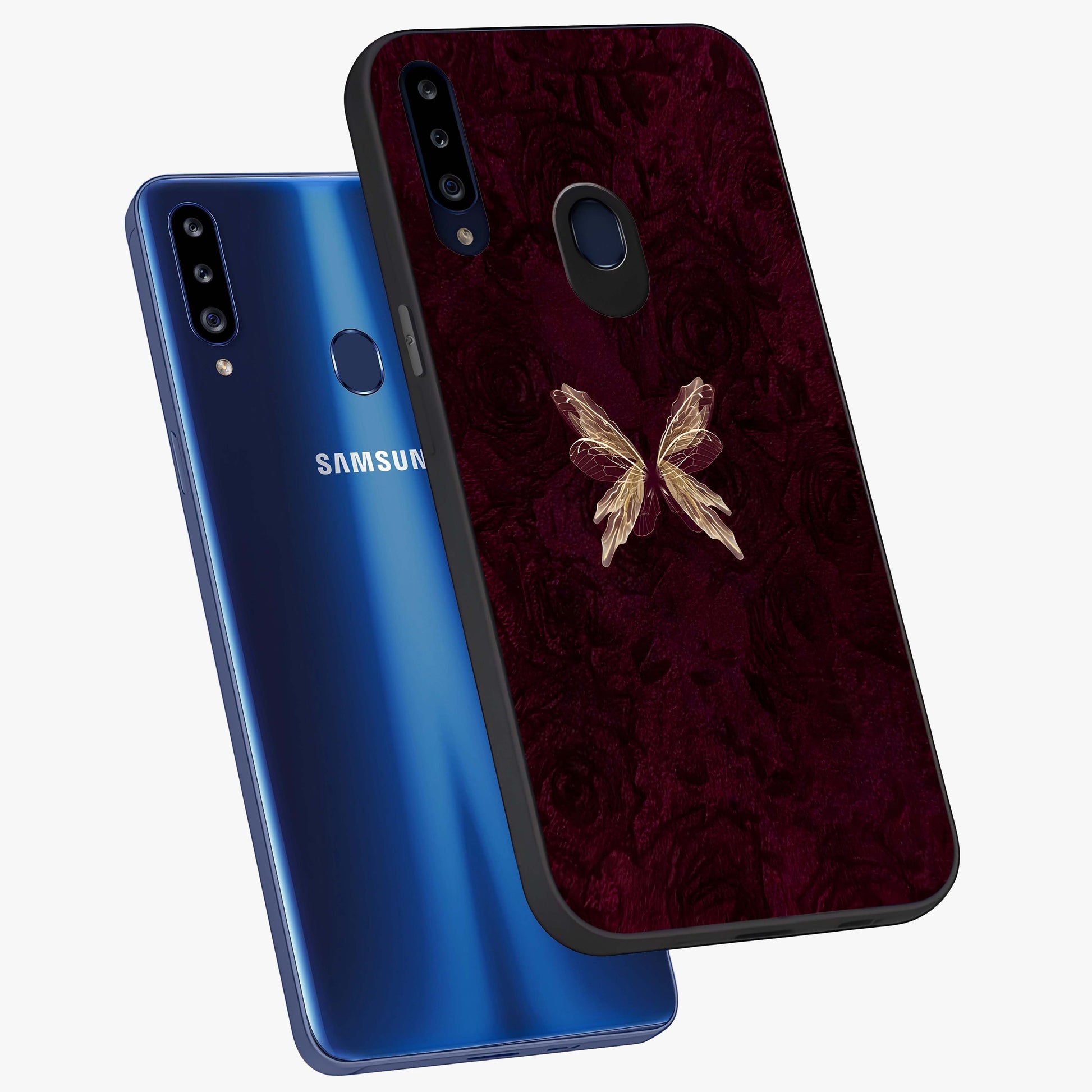 Crimson Fade Butterfly Glass Case displayed in angled mockup highlighting elegant butterfly design with crimson gradient aesthetic.