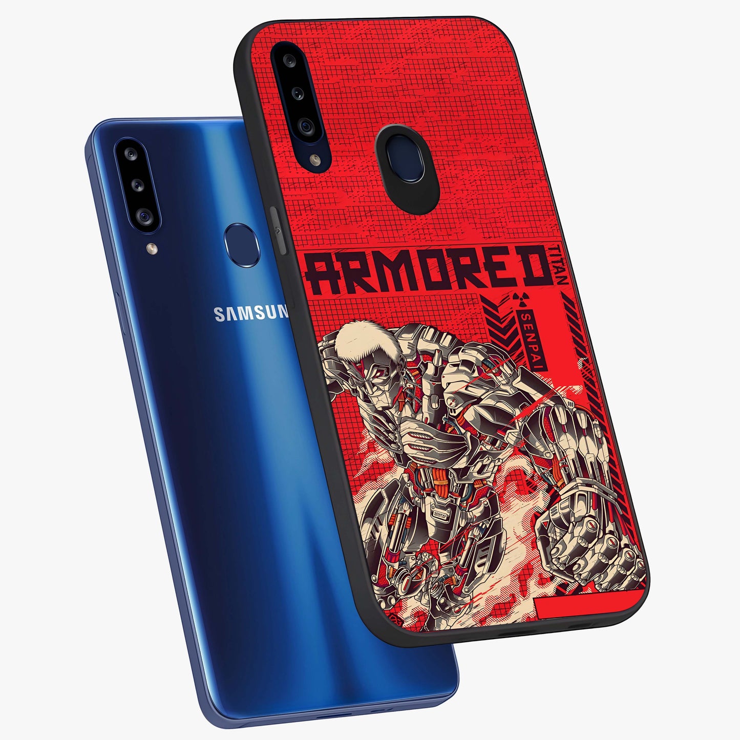 Crimson Mecha Titan Glass Case displayed in angled mockup highlighting futuristic mech illustration with bold crimson aesthetic.
